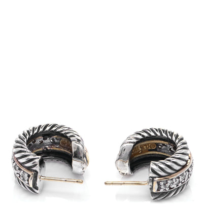 David Yurman Sterling Silver 18K Yellow Gold Diamond Huggie Hoop Earrings 3 of 4