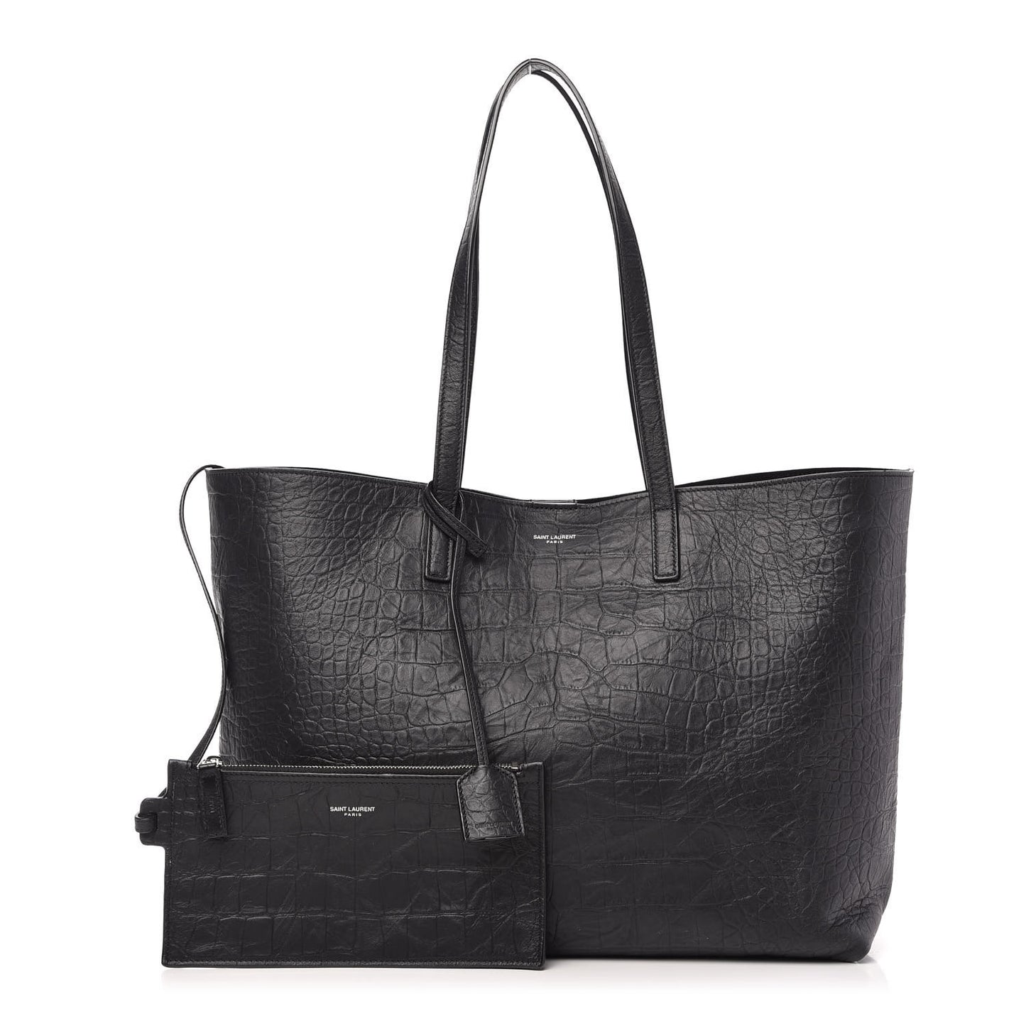 Calfskin Crocodile Embossed Large Shopper Tote Black