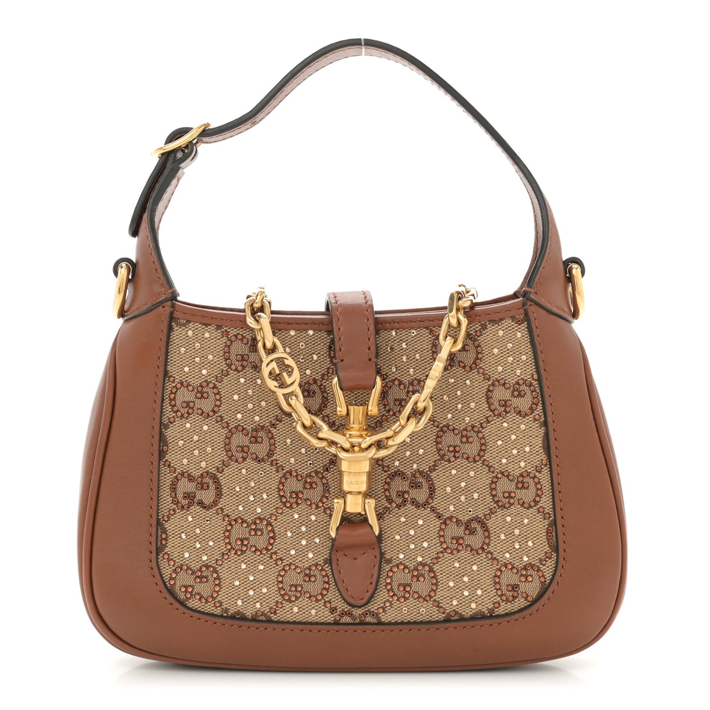 New Canvas Charisma Calfskin Crystal GG Monogram Mini Jackie 1961 Hobo Camel Ebony