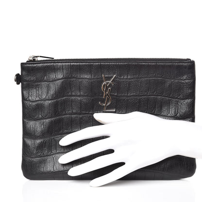 Saint Laurent Calfskin Crocodile Embossed Monogram Zip Pouch Black 2 of 8