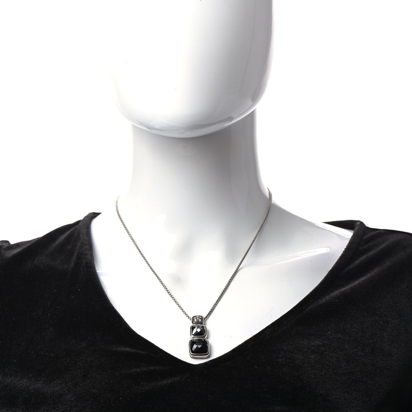 Sterling Silver Diamond Hematine Onyx Chiclet Drop Necklace