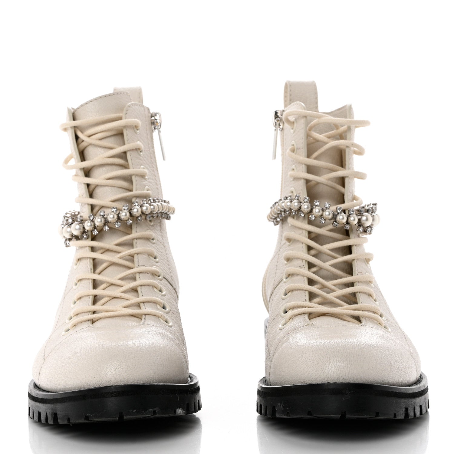 Jimmy Choo Goatskin Pearl Embellished Cruz Combat Boots 37 White 2 of 8
