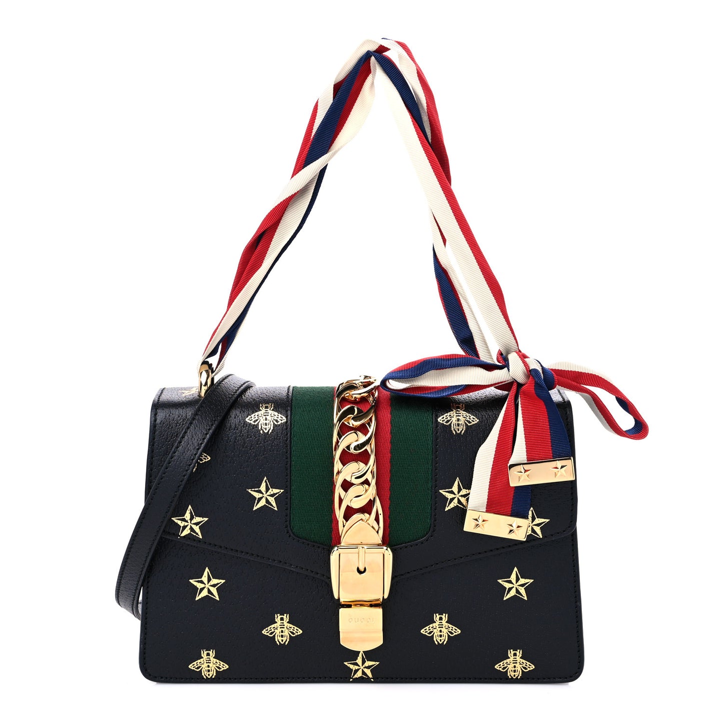 Textured Calfskin Bee Star Print Small Sylvie Shoulder Bag Black