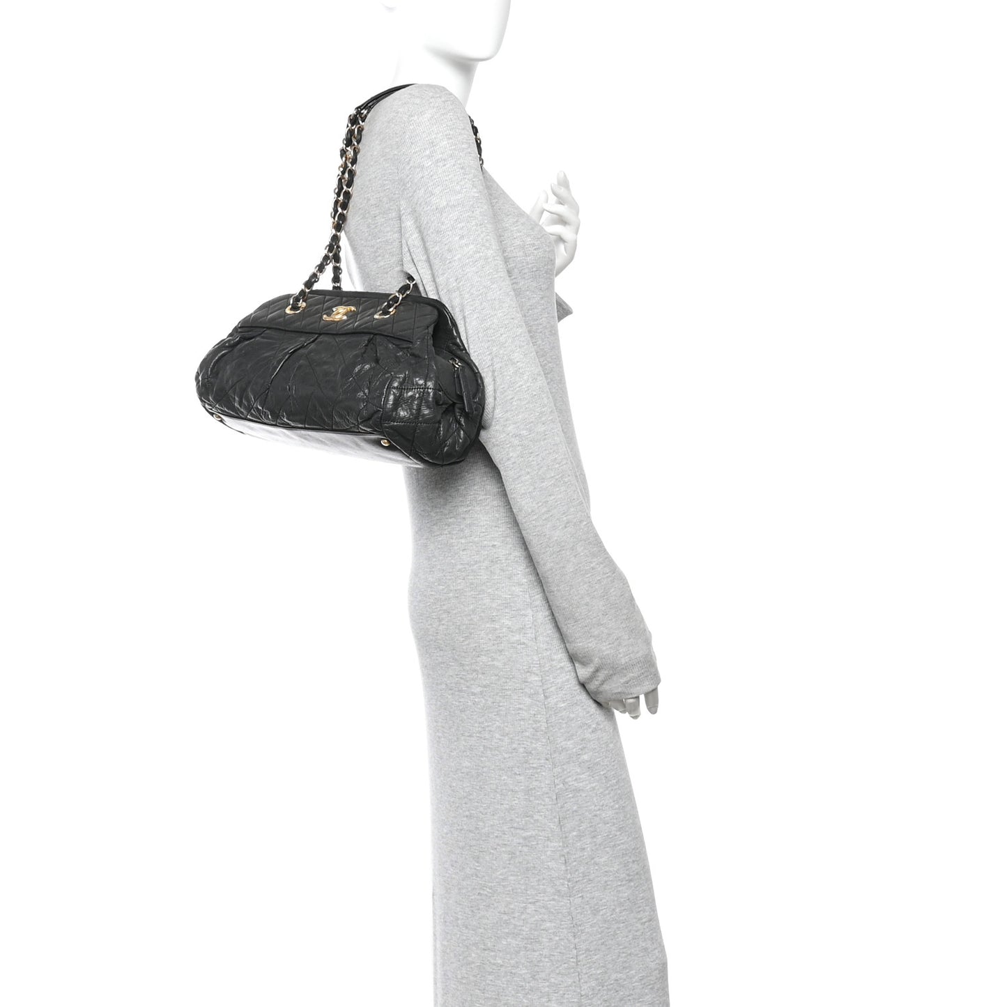 Iridescent Calfskin Chic Quilt Bowling Bag Black