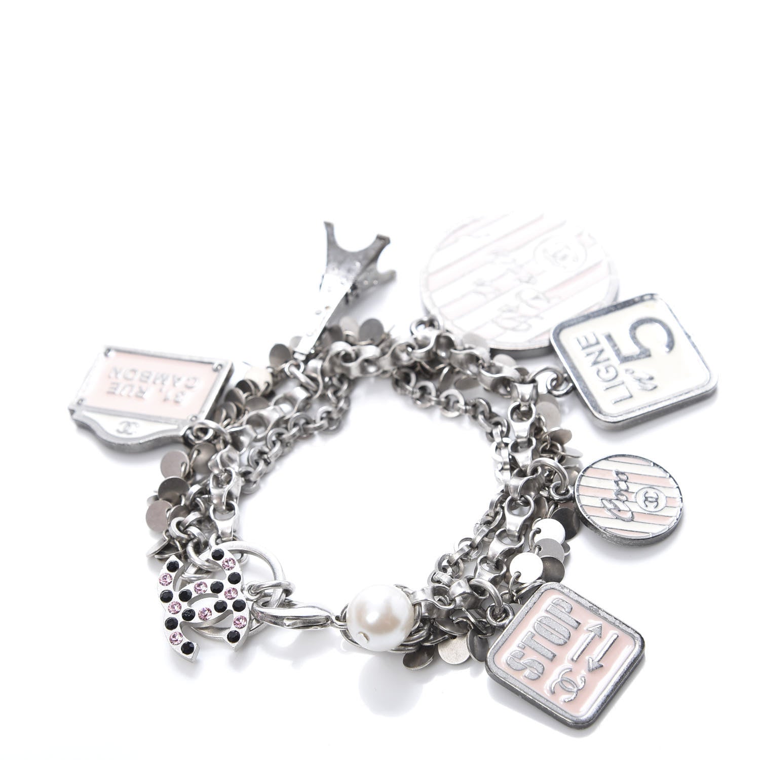 Chanel Enamel Crystal Pearl Paris Souvenirs Charm Bracelet Silver Rose White 3 of 4