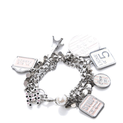 Chanel Enamel Crystal Pearl Paris Souvenirs Charm Bracelet Silver Rose White 3 of 4