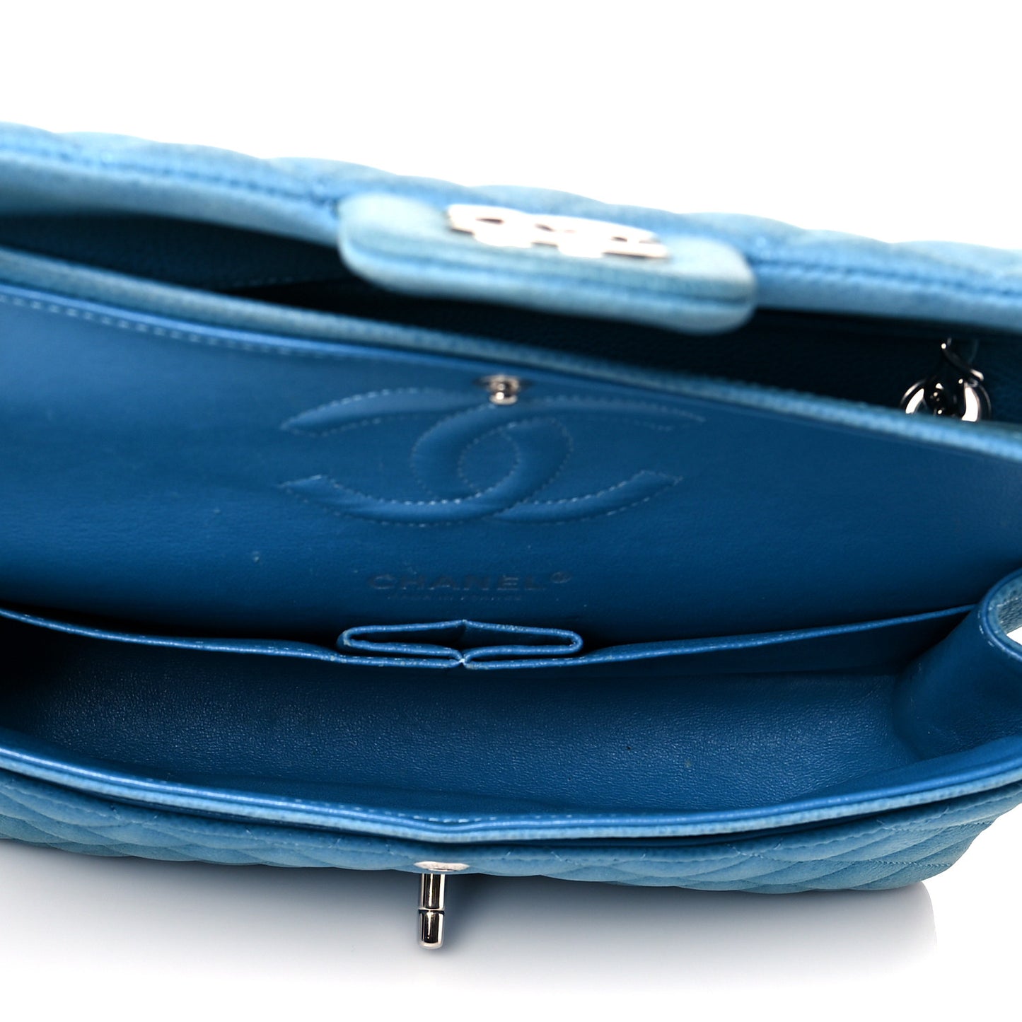 Iridescent Caviar Quilted Medium Double Flap Blue