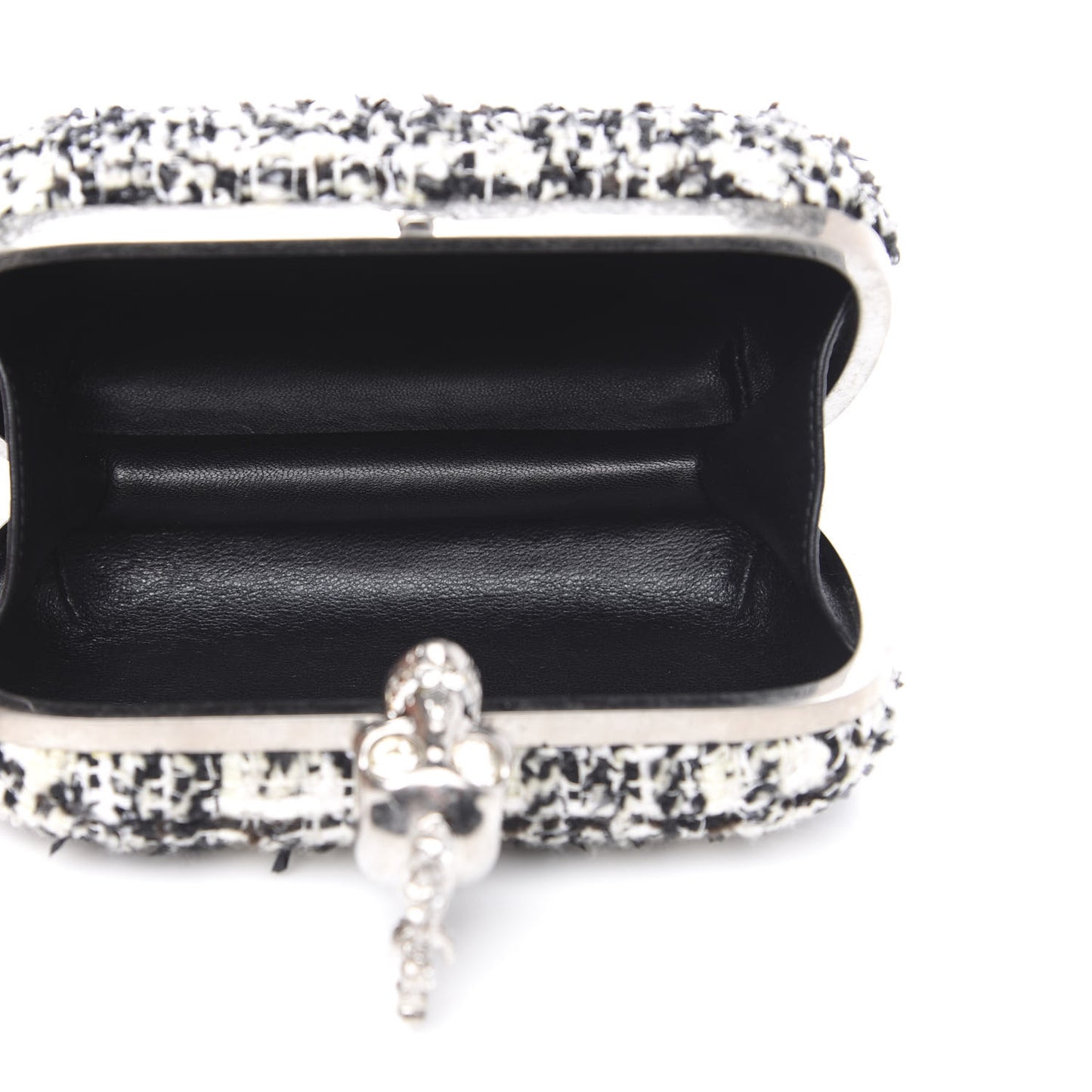 Tweed Calfskin Skull Box Clutch Black White