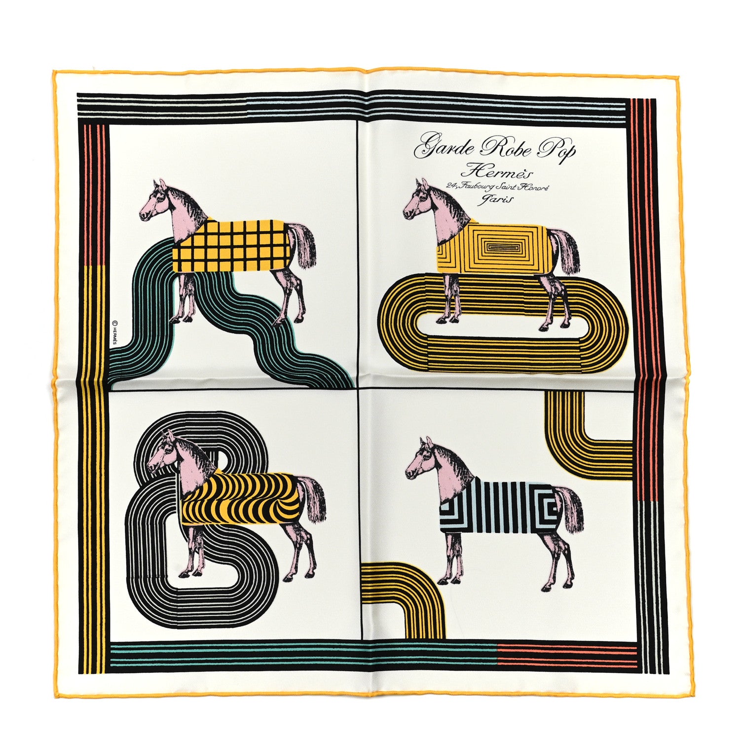 Hermes Silk Garde Robe Pop Detail Pocket Square White Jaune Vert 1 of 4