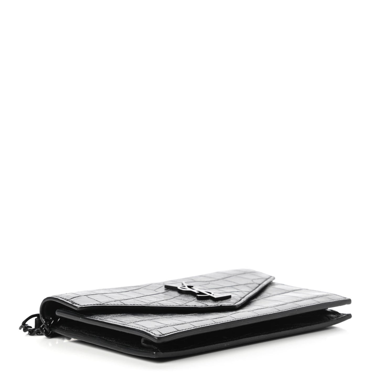 Calfskin Crocodile Embossed Monogram Envelope Chain Wallet Black
