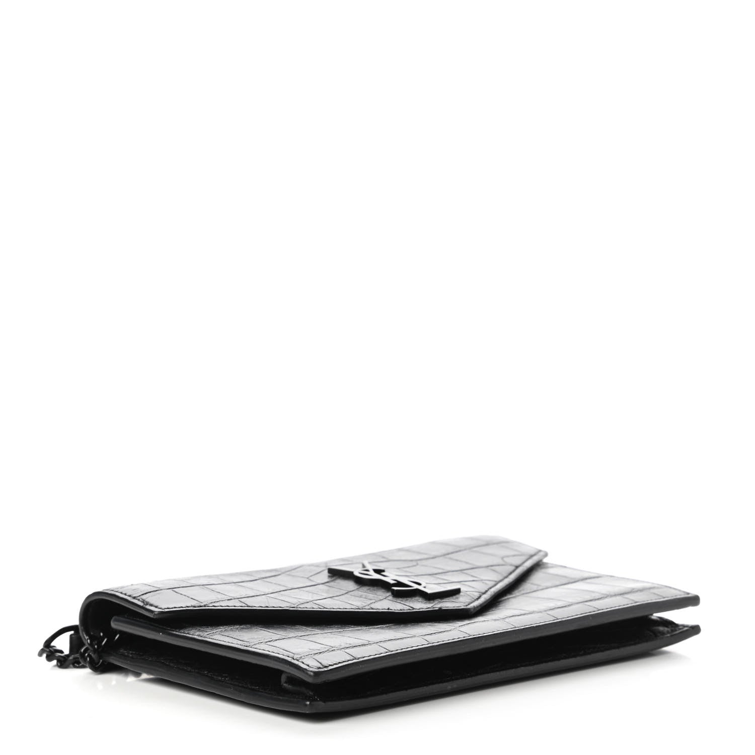 Saint Laurent Calfskin Crocodile Embossed Monogram Envelope Chain Wallet Black 4 of 10