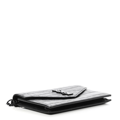 Saint Laurent Calfskin Crocodile Embossed Monogram Envelope Chain Wallet Black 4 of 10