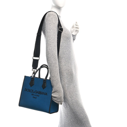 Dolce & Gabbana DOLCE GABBANA Canvas Calfskin Embroidered Logo Edge Shopper Tote Oceano Black 2 of 10