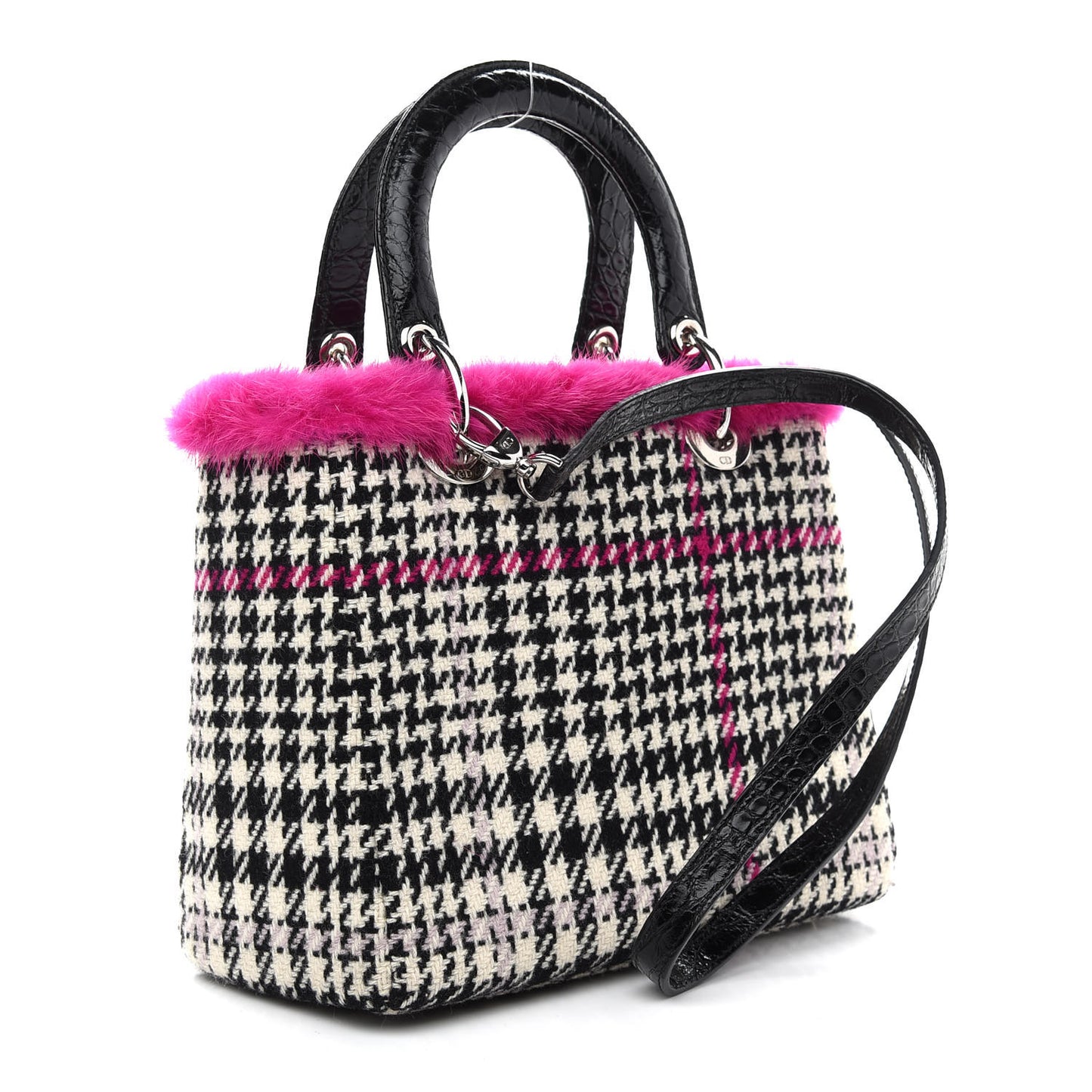 Tweed Crocodile Mink Plaid Medium Lady Dior Black Pink White