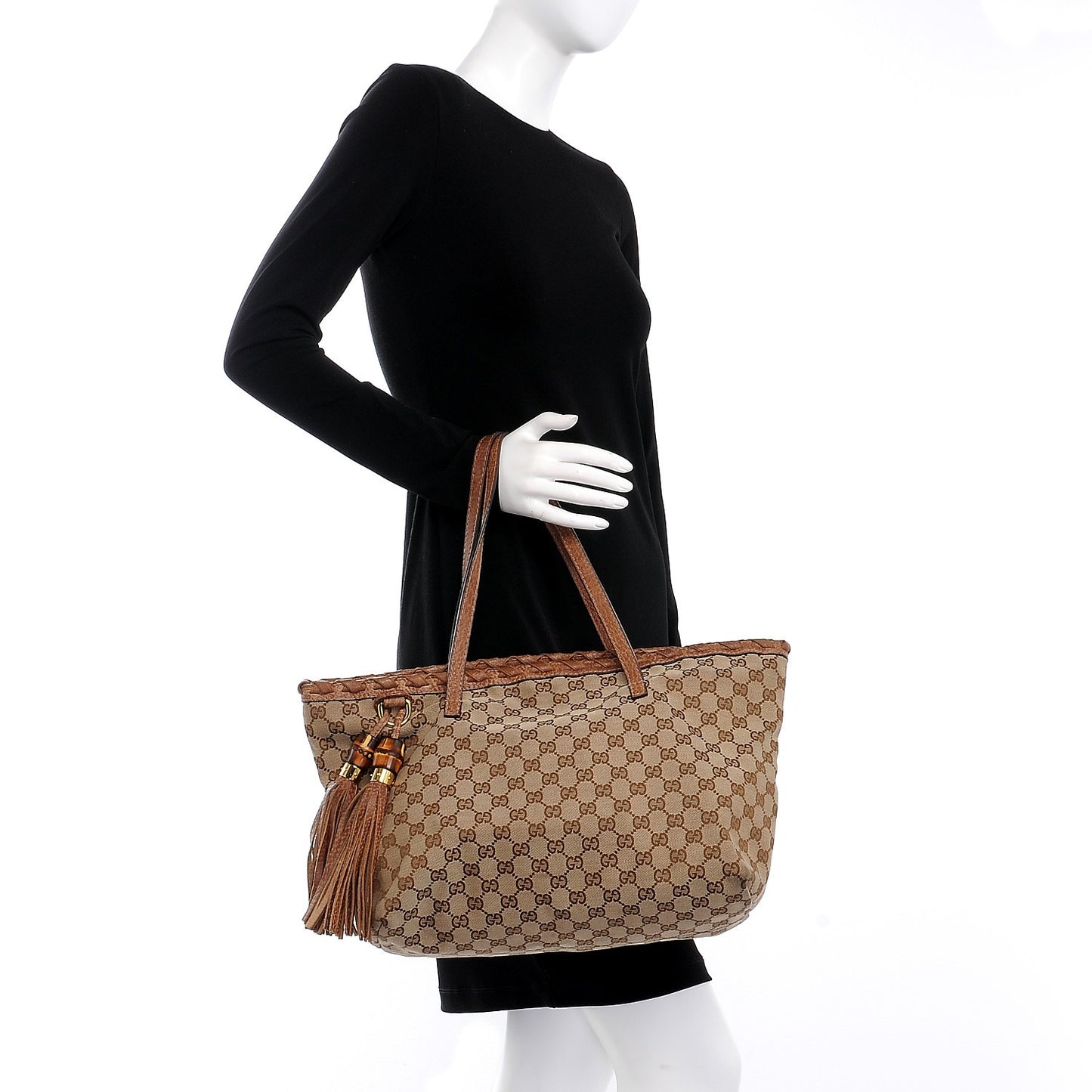 Monogram Medium Bamboo Tassel Tote Light Brown