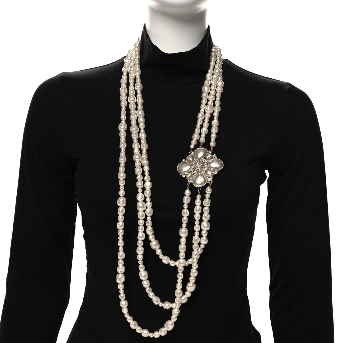 Graduated Pearl Crystal CC Multi Strand Necklace Gold