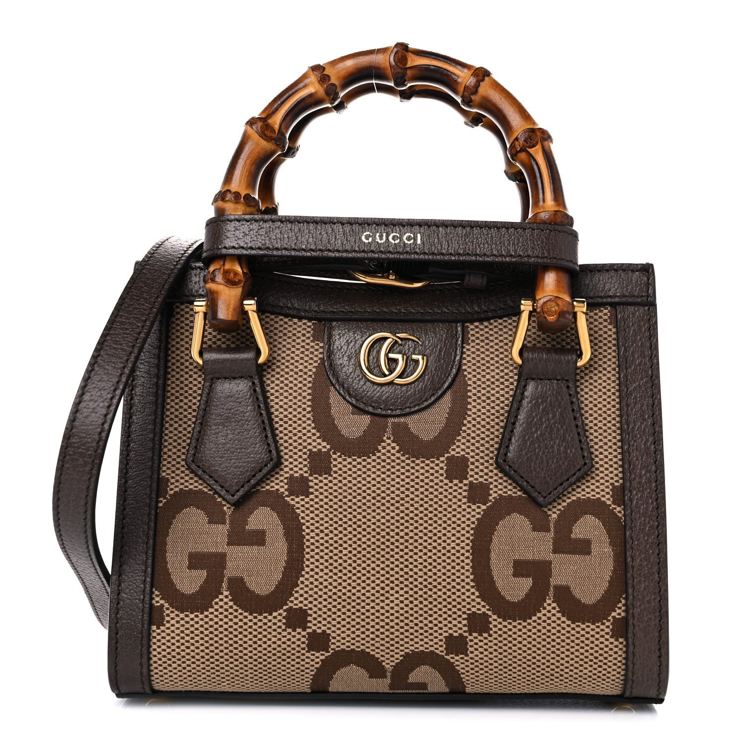 Gucci Monogram Jumbo GG Textured Dollar Calfskin Mini Diana Tote Bag Camel Ebony New Acero 1 of 10