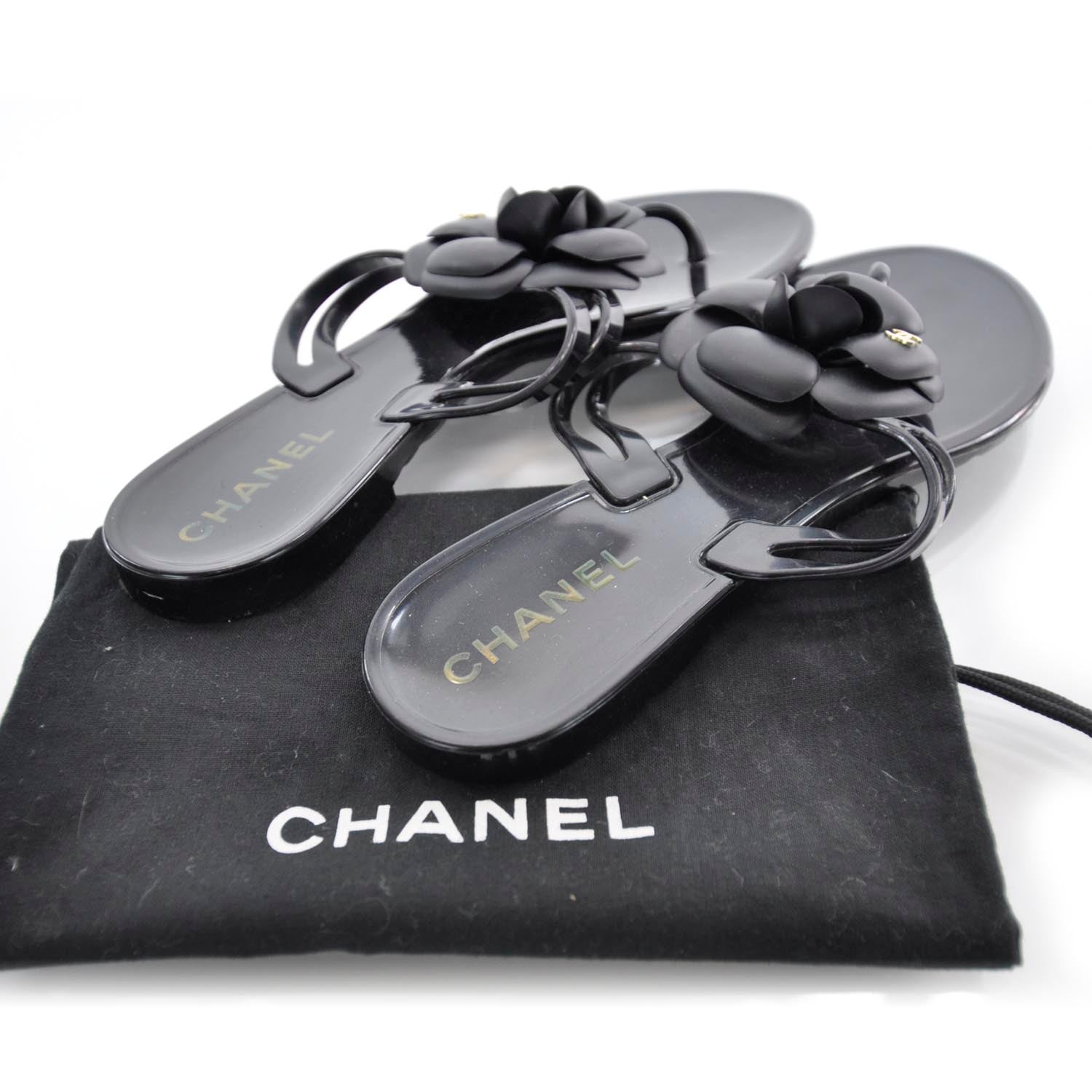 Chanel Jelly Camellia Thong Sandals 37 Black 3 of 6