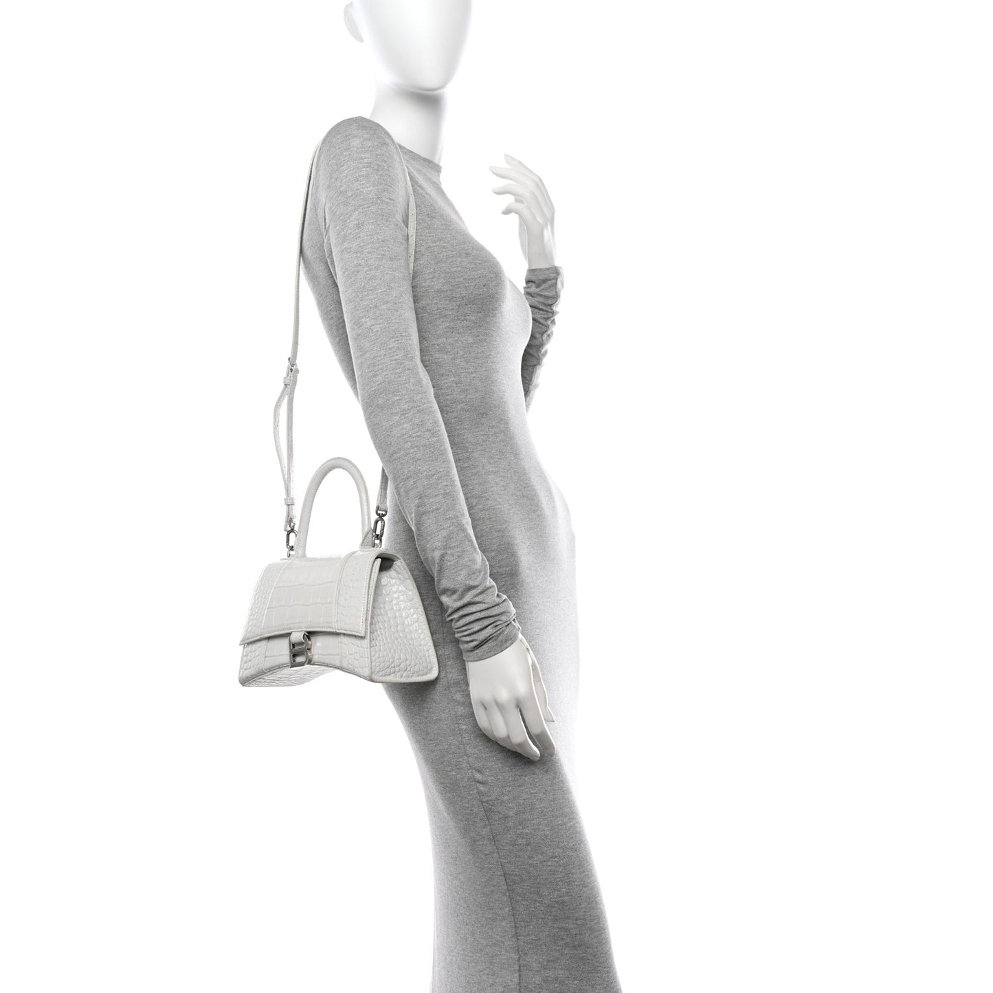 Shiny Calfskin Crocodile Embossed Small Hourglass Top Handle Bag White