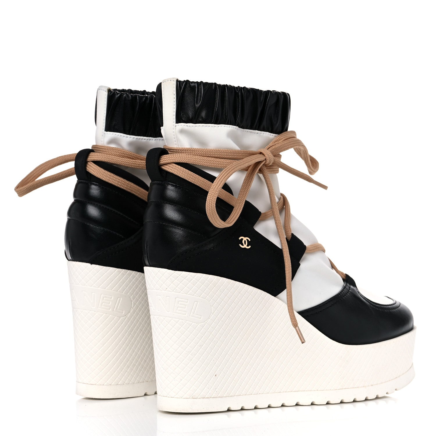 Chanel Patent Calfskin Runway Wedge Short Platform Boots 40 Black White Beige 4 of 8