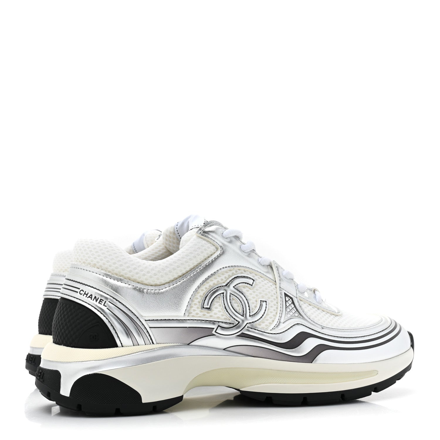 Chanel Fabric Laminated Calfskin Stretch CC Sneakers 39 White Silver 9 of 20