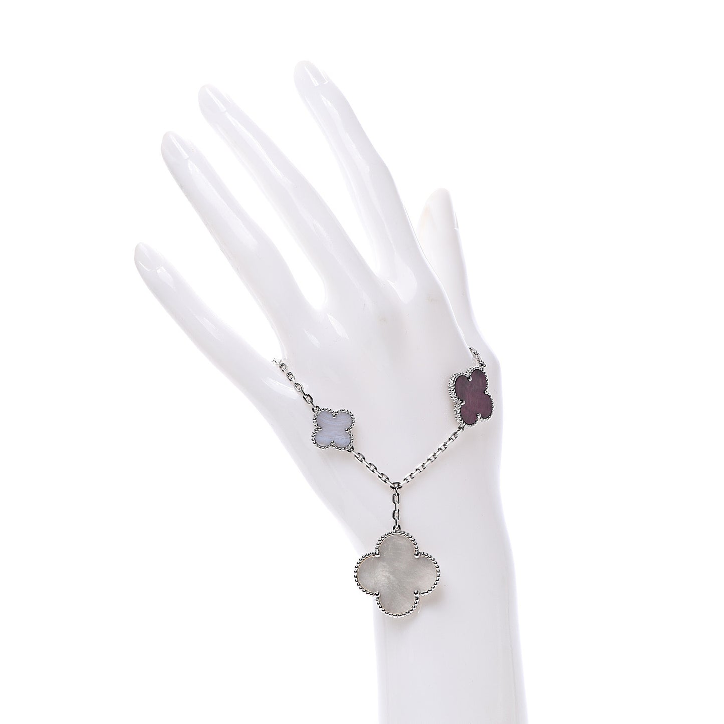 18K White Gold Chalcedony Mother of Pearl 5 Motifs Magic Alhambra Bracelet