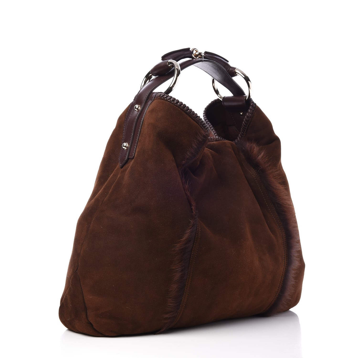 Gucci Suede Fur Large Horsebit Chain Hobo Dark Brown 4 of 8
