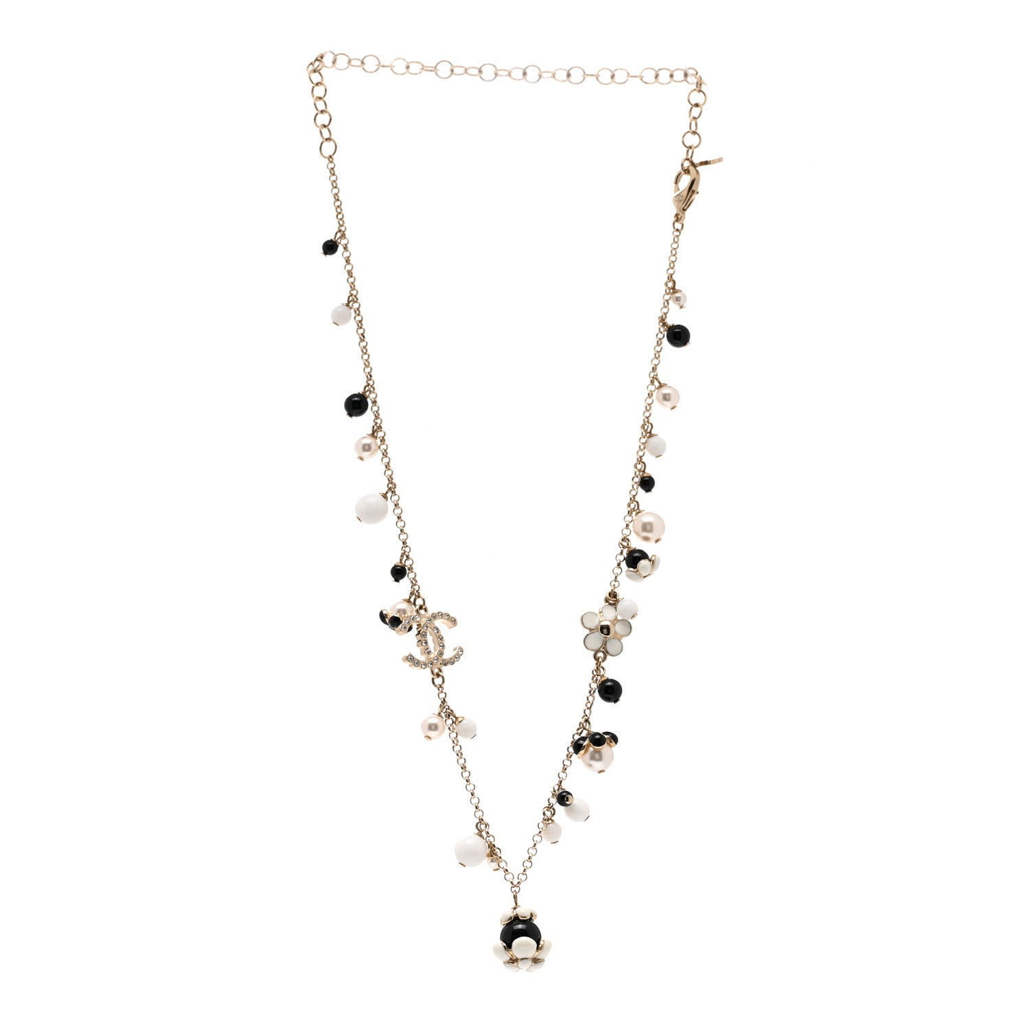 Chanel Pearl Bead Crystal CC Necklace Gold Black White 3 of 6