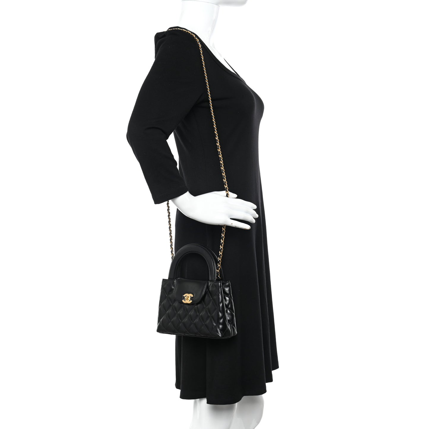 Shiny Aged Calfskin Quilted Nano Kelly Shopper Black
