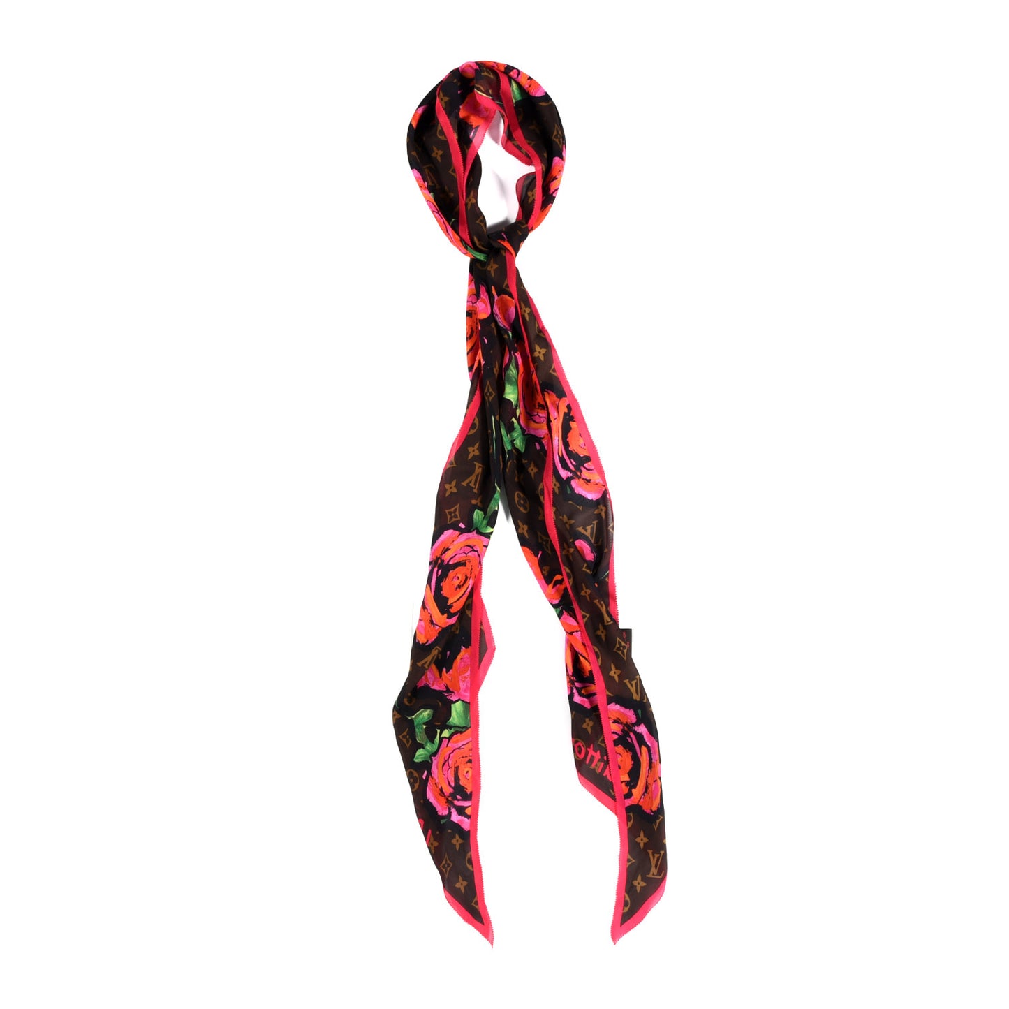 Silk Monogram Roses Scarf Marron