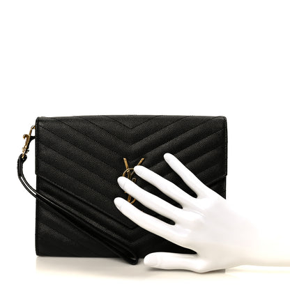 Saint Laurent Grain De Poudre Matelasse Chevron Monogram Envelope Clutch Black 2 of 8