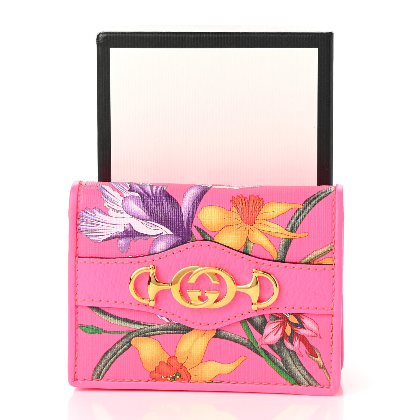 Calfskin Flora Print Zumi Card Case Wallet Pink
