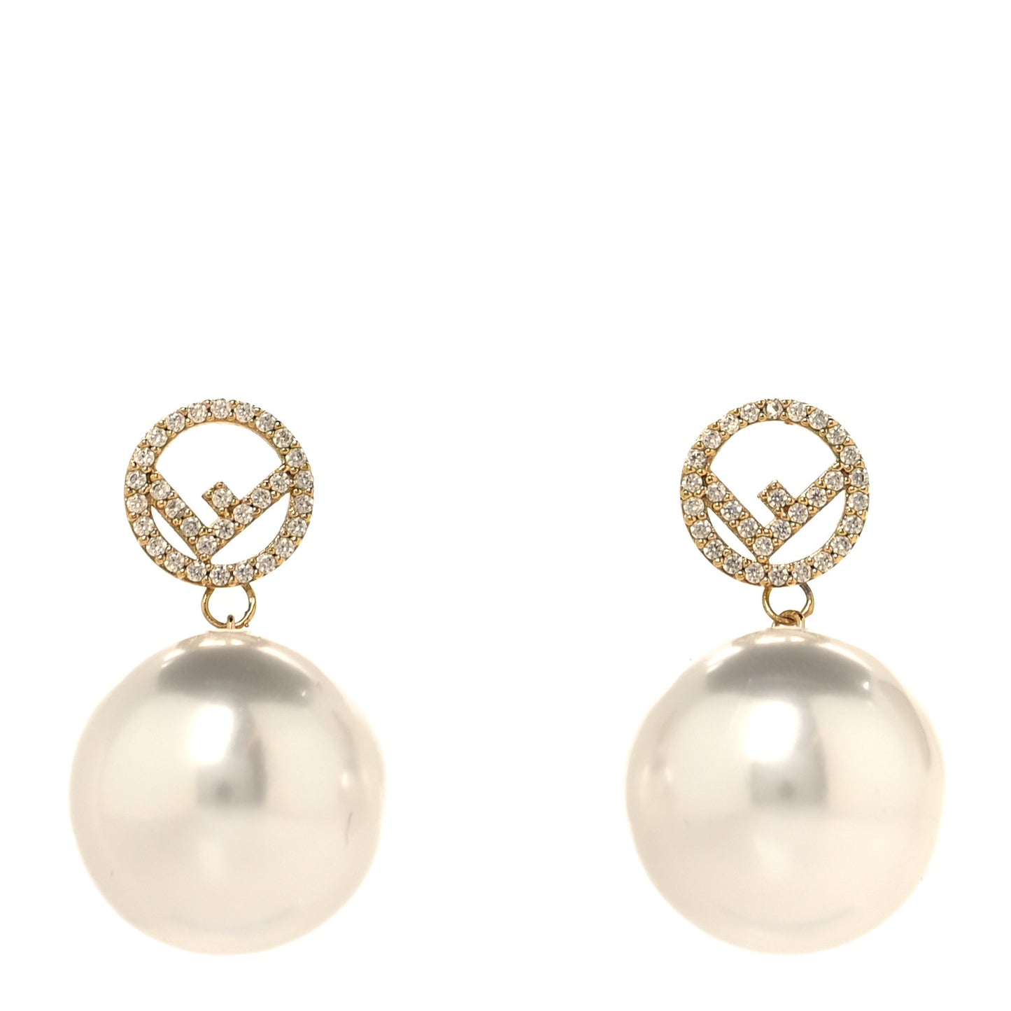Metal Crystal Pearl Logo Drop Earrings Gold