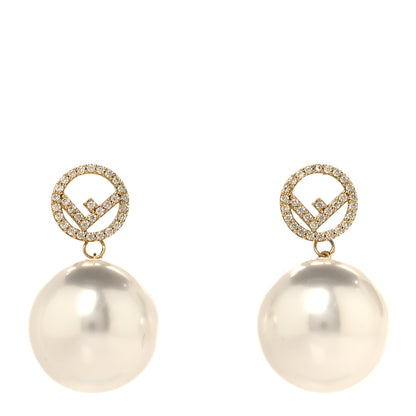 Fendi Metal Crystal Pearl Logo Drop Earrings Gold 1 of 10