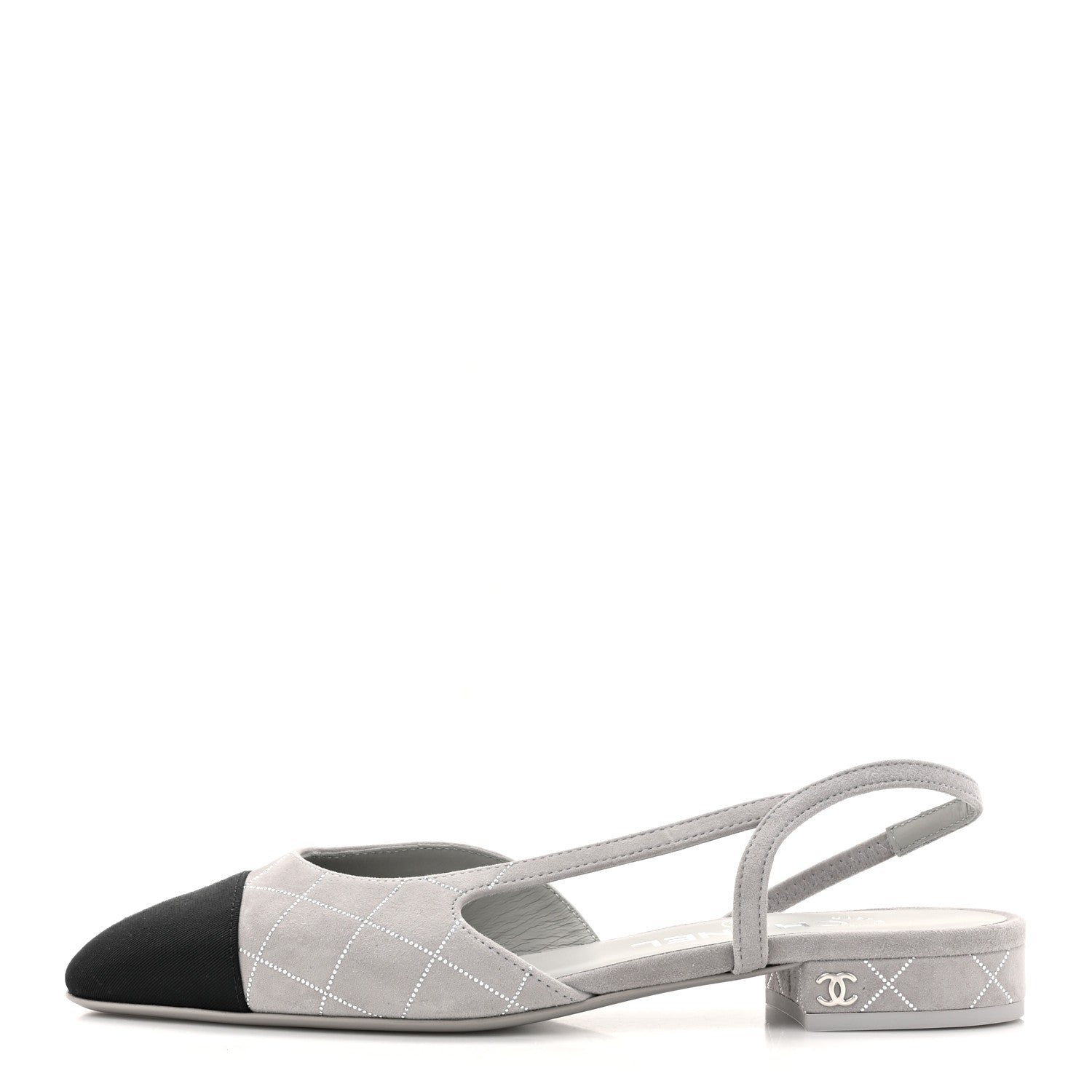 Chanel Suede Crystal Grosgrain Cap Toe CC Slingback Flats 36.5 Gray Silver Black 1 of 10