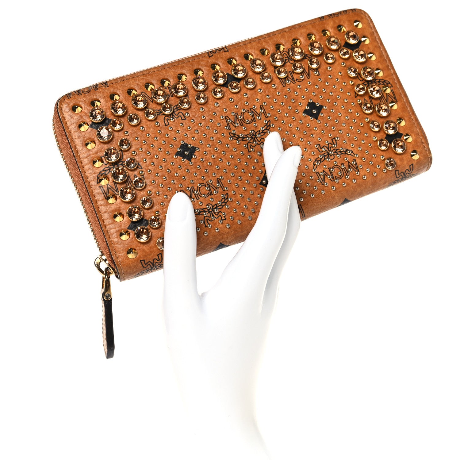 MCM Visetos Studded Crystal Zip Around Wallet Cognac 1859800
