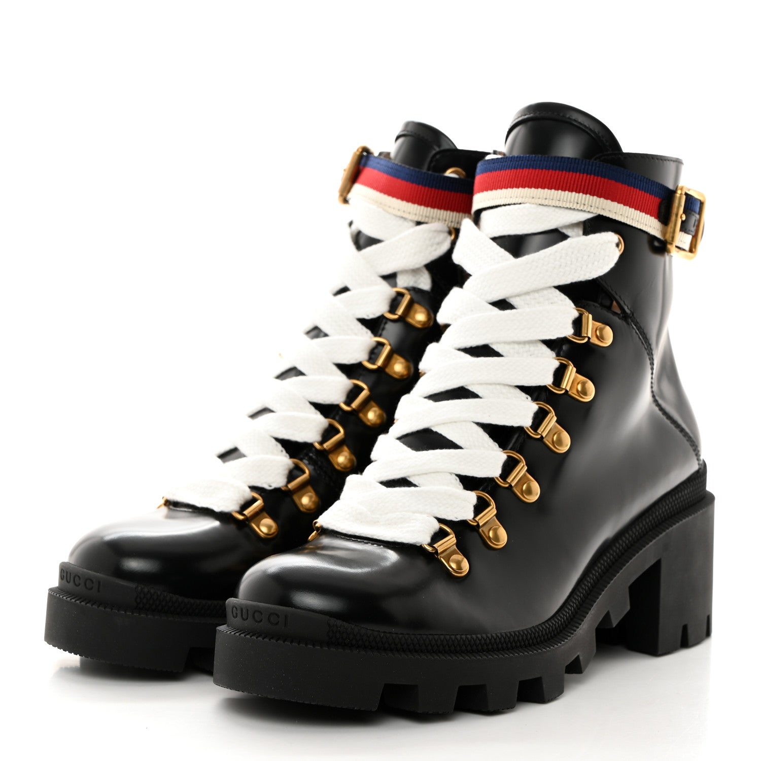 Gucci Calfskin Sylvie Web Womens Lace Up Combat Boots 36.5 Black 3 of 9