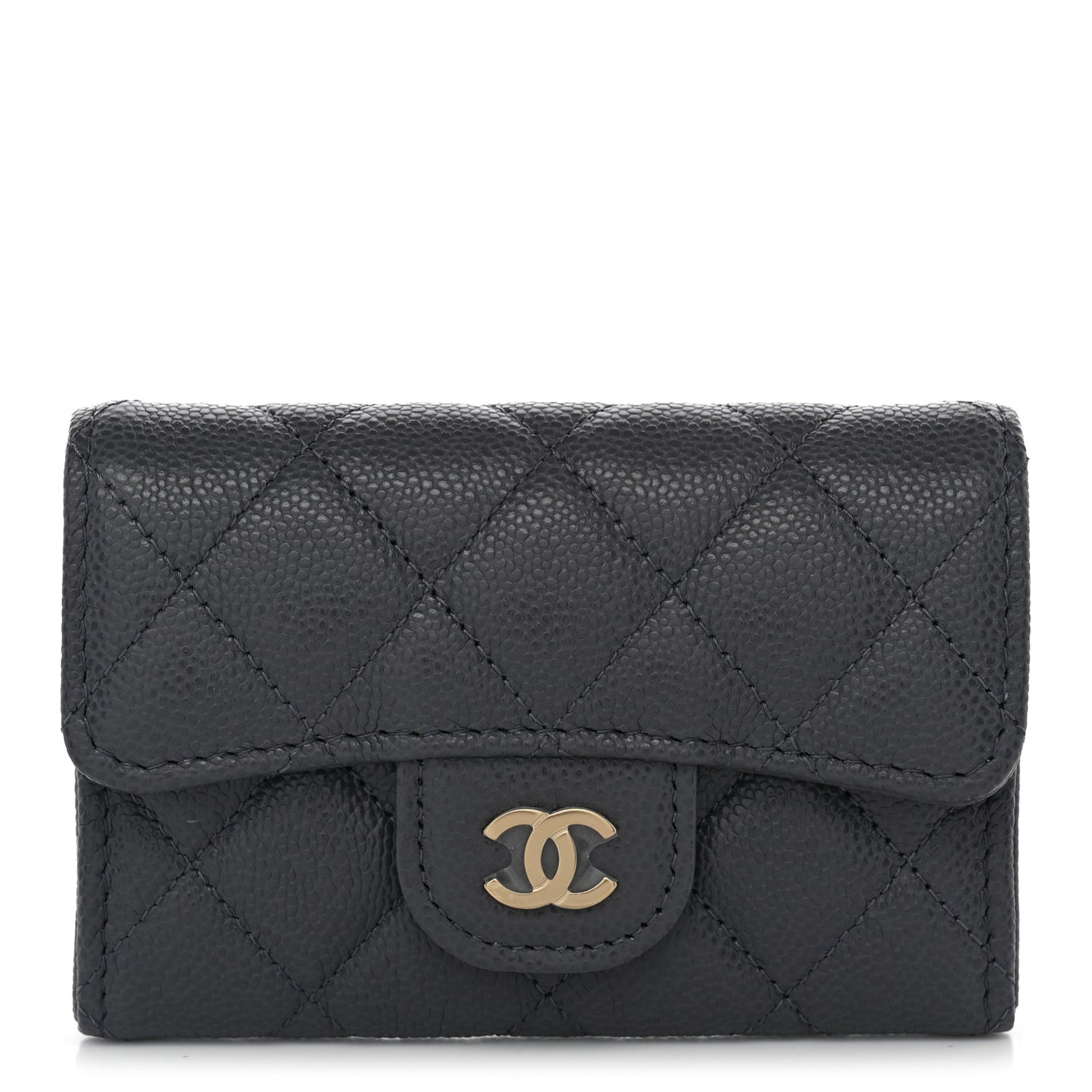 Caviar Quilted Flap Card Holder Wallet Dark Grey