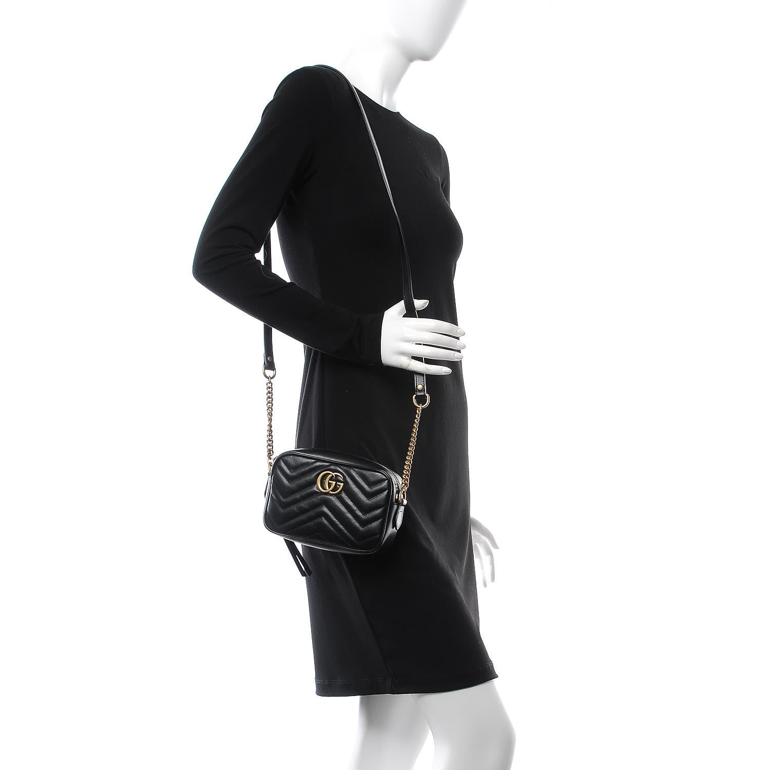 Gucci Calfskin Matelasse Mini GG Marmont Chain Shoulder Bag Black 2 of 8
