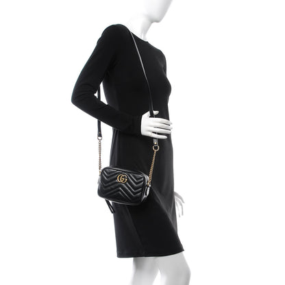 Gucci Calfskin Matelasse Mini GG Marmont Chain Shoulder Bag Black 2 of 8