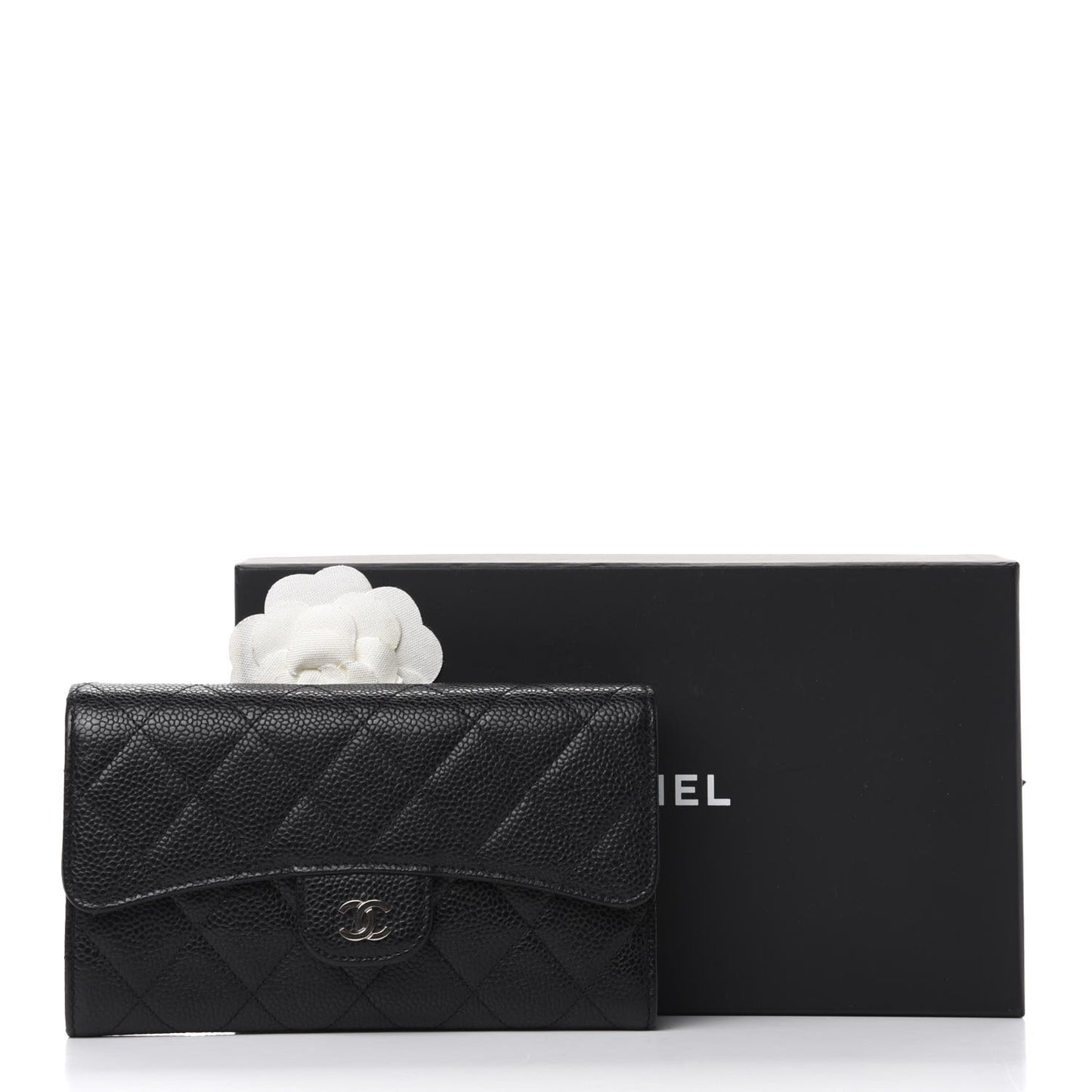 Caviar Quilted Long Flap Wallet Black