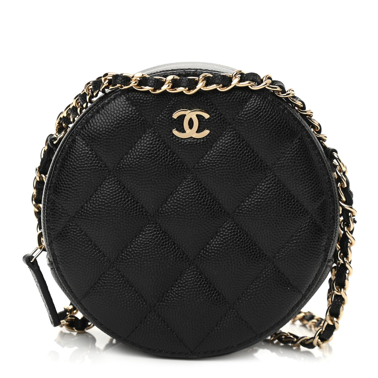 Caviar Quilted Round Clutch With Chain Black