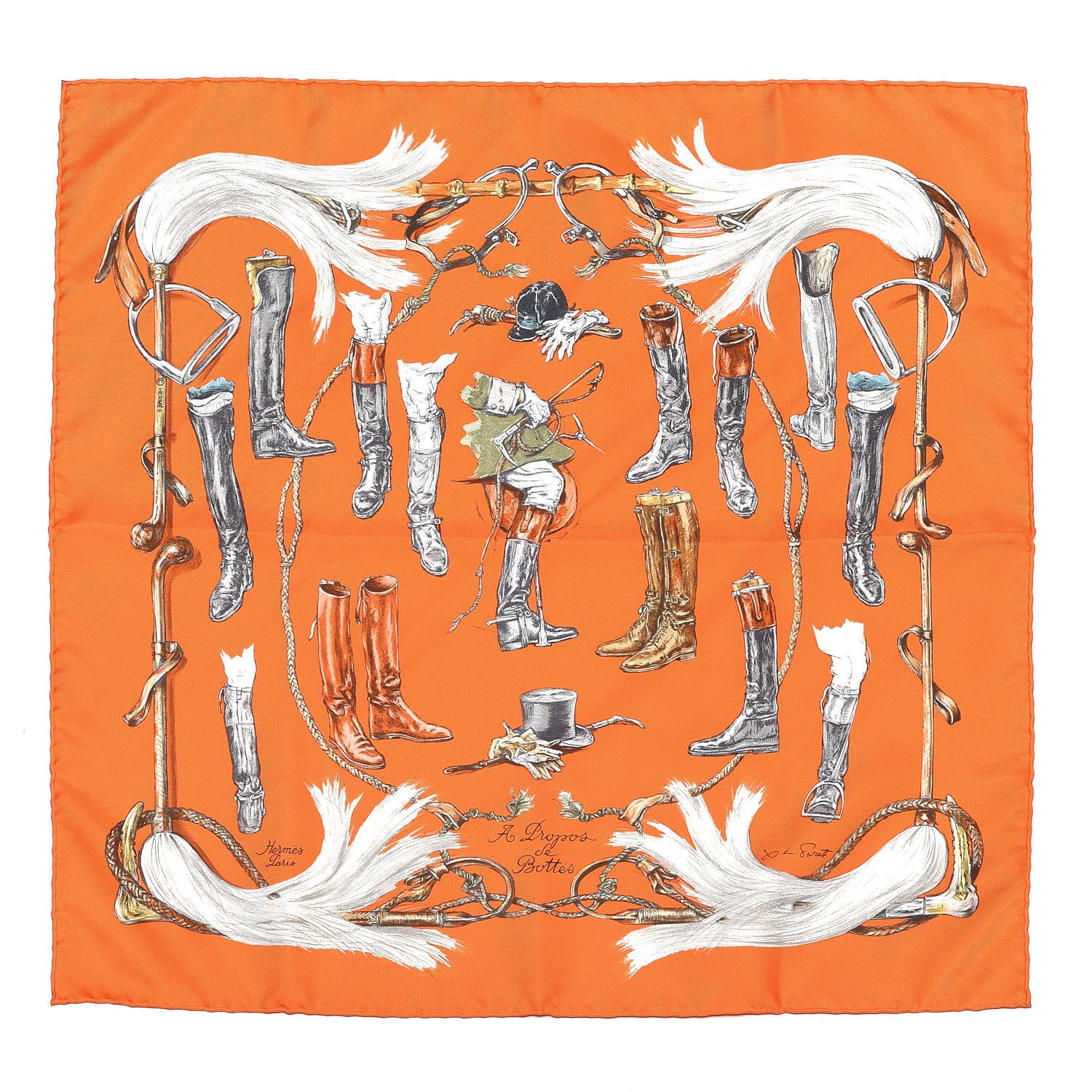 Hermes Silk A Propos de Bottes Pocket Square Orange 1 of 4