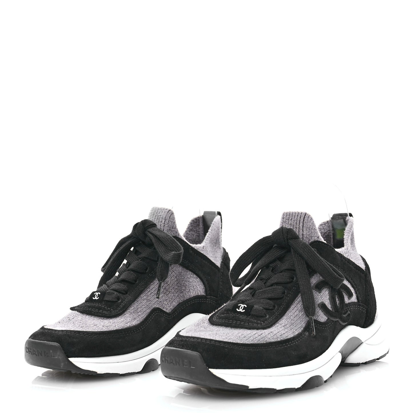 Fabric Suede Calfskin Womens CC Sneakers 37 Grey Black
