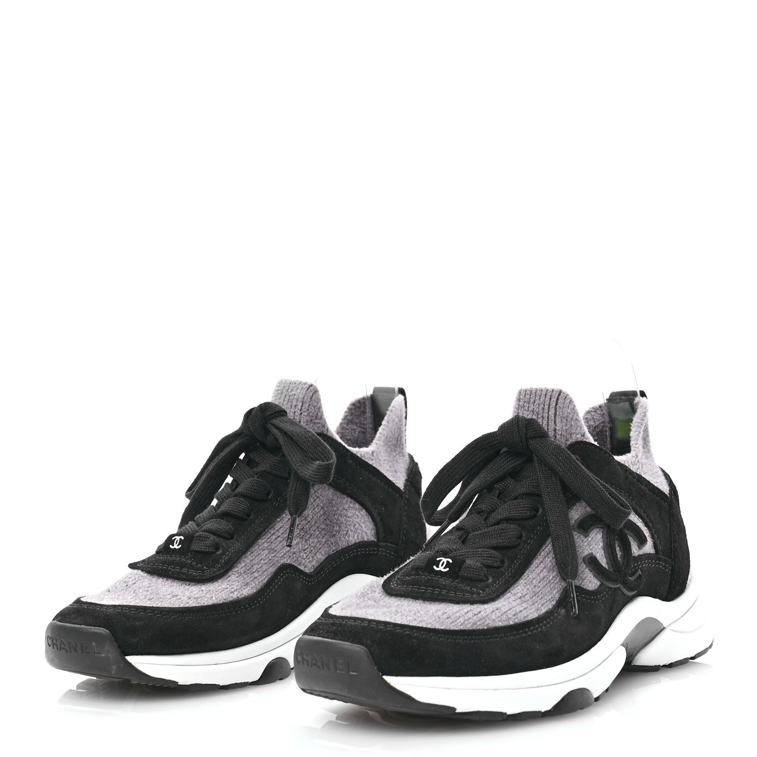 Chanel Fabric Suede Calfskin Womens CC Sneakers 37 Grey Black 3 of 7