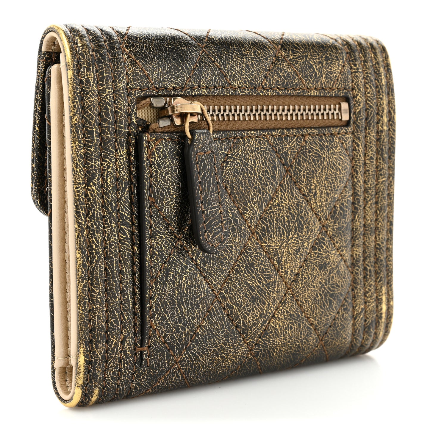 Cracked Metallic Calfskin Quilted Compact Boy Wallet Gold
