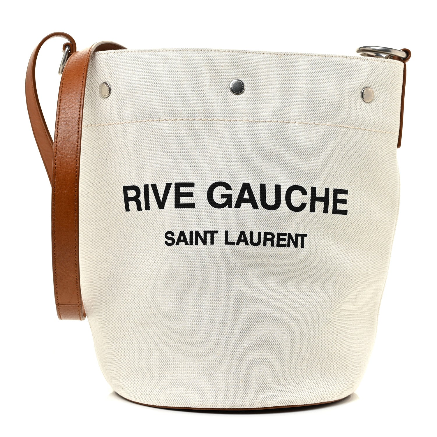 Saint Laurent Linen Calfskin Rive Gauche Bucket Bag Grey Cognac 3 of 13
