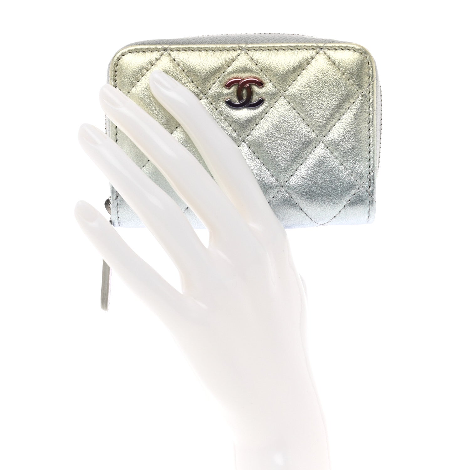 Chanel Gradient Metallic Calfskin Quilted Zip Around Coin Purse Wallet Silver Blue Yellow Purple 2 of 9