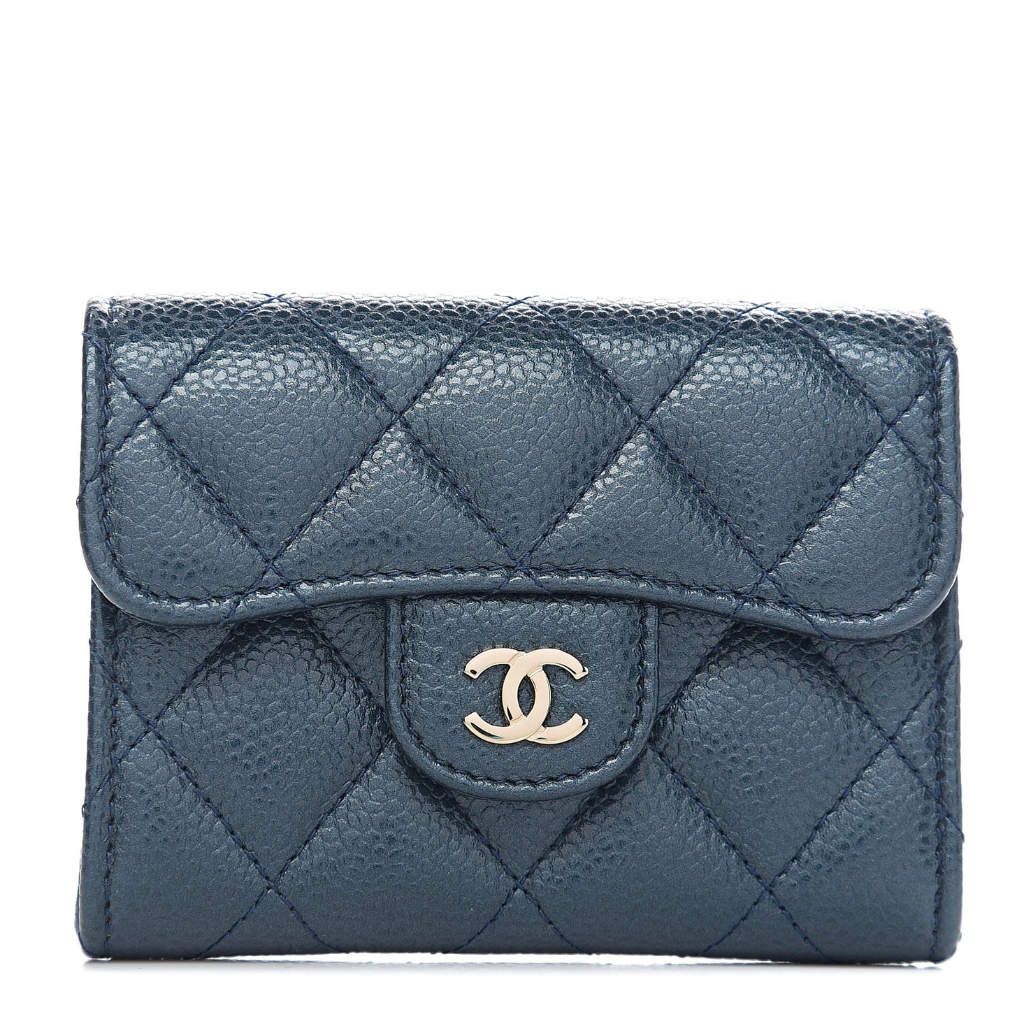 Metallic Caviar Quilted Flap Card Holder Wallet Dark Blue