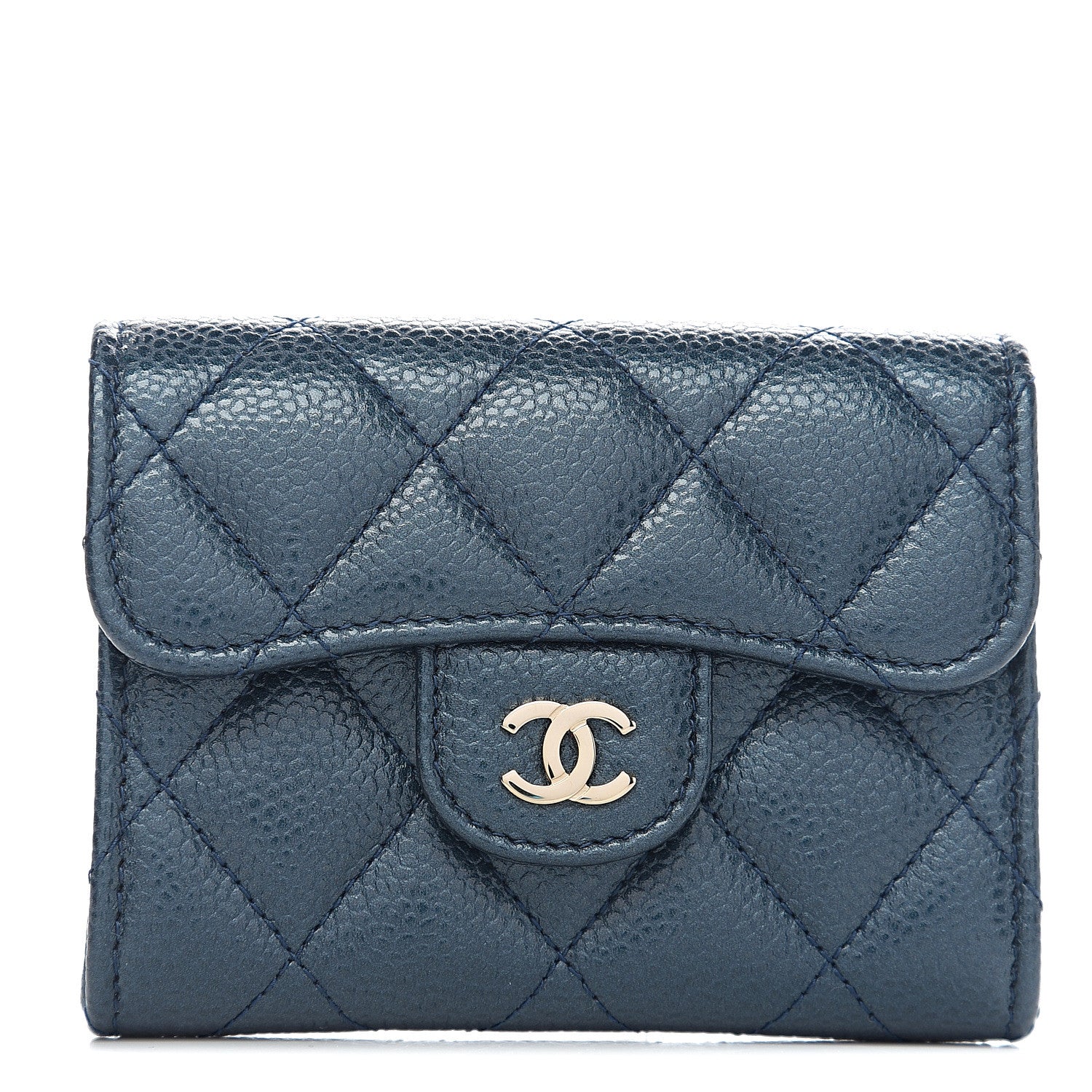 Chanel Metallic Caviar Quilted Flap Card Holder Wallet Dark Blue 1 of 8